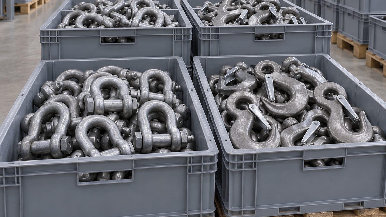 Crates of forged steel shackles and hooks stacked on pallets in a warehouse