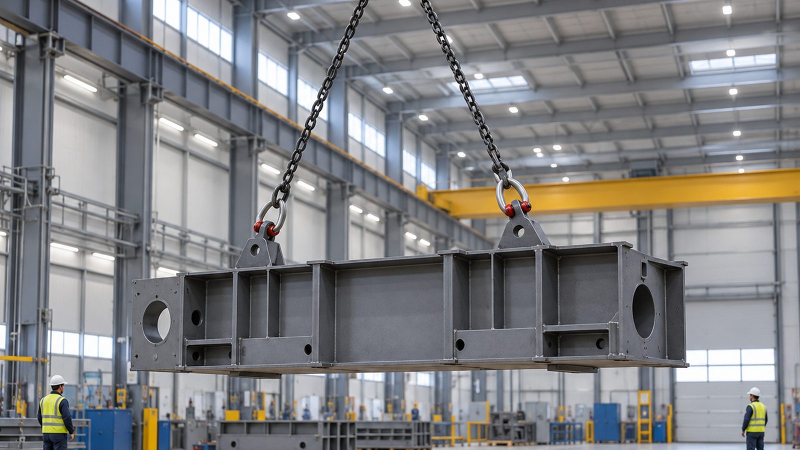 Overhead crane lifting a steel fabrication with a two-leg chain sling and shackles in a factory hall