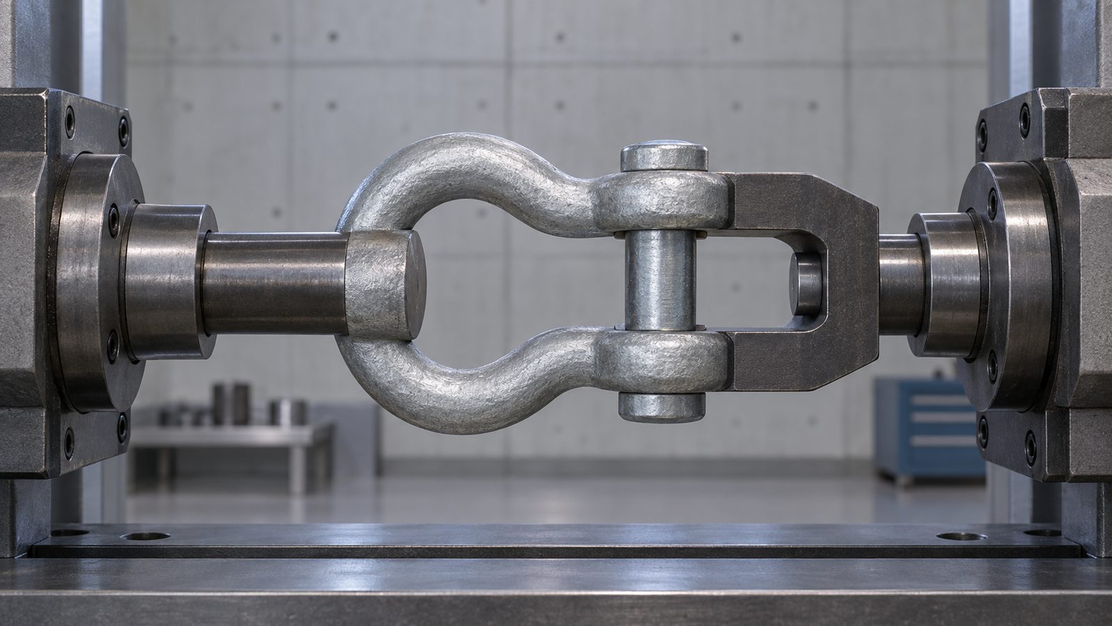 Forged steel bow shackle mounted in a horizontal hydraulic load test bench