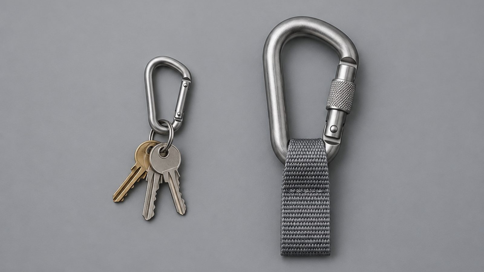 A small keyring carabiner holding keys next to a larger screw-gate connector clipped to webbing