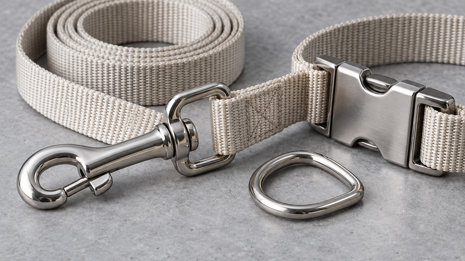 Stainless steel leash snap hook, swivel, D-ring and collar buckle on a plain nylon lead