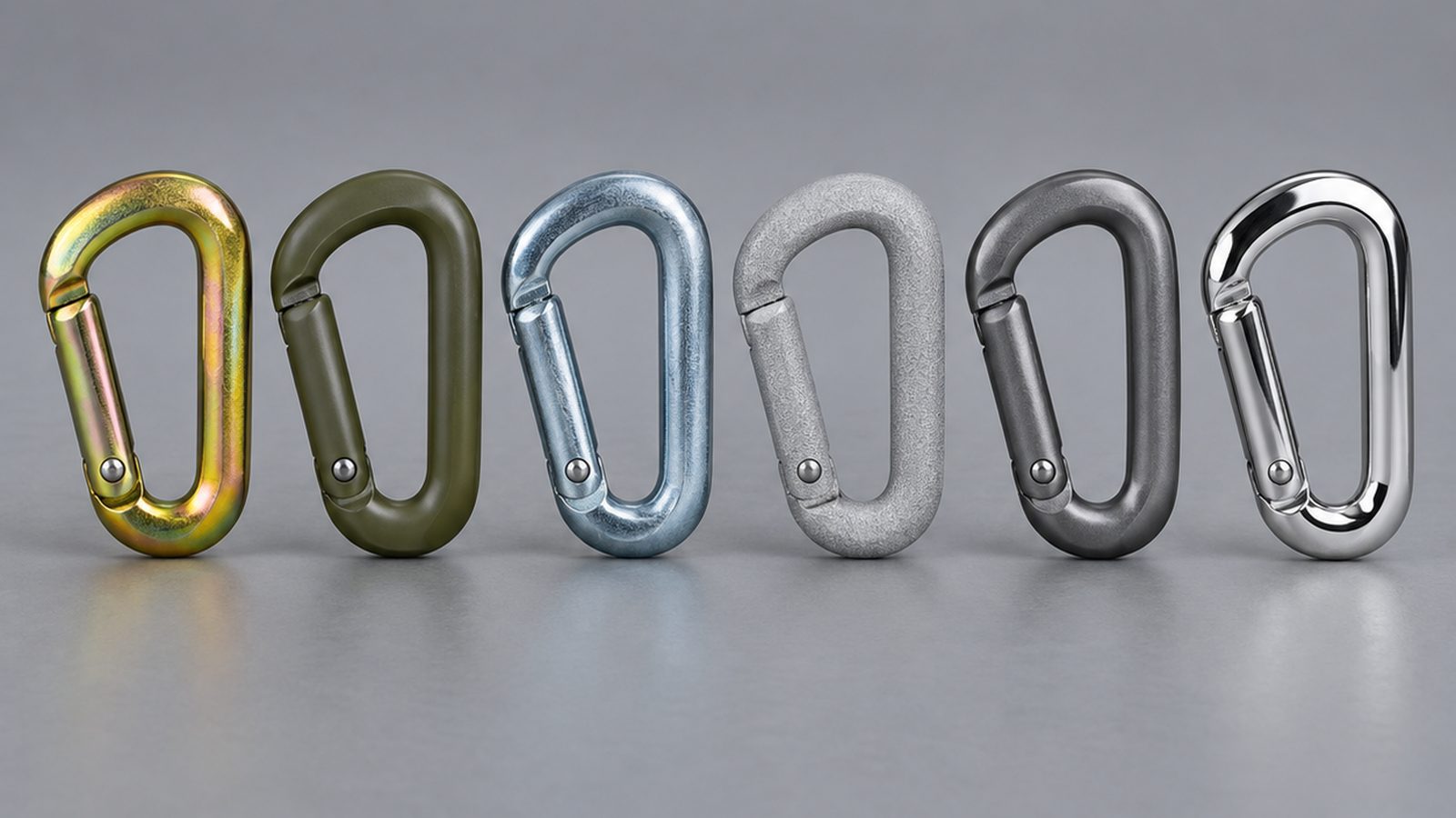 Small steel hardware parts with yellow chromate, olive drab, clear trivalent, zinc flake, zinc-nickel and chrome finishes side by side