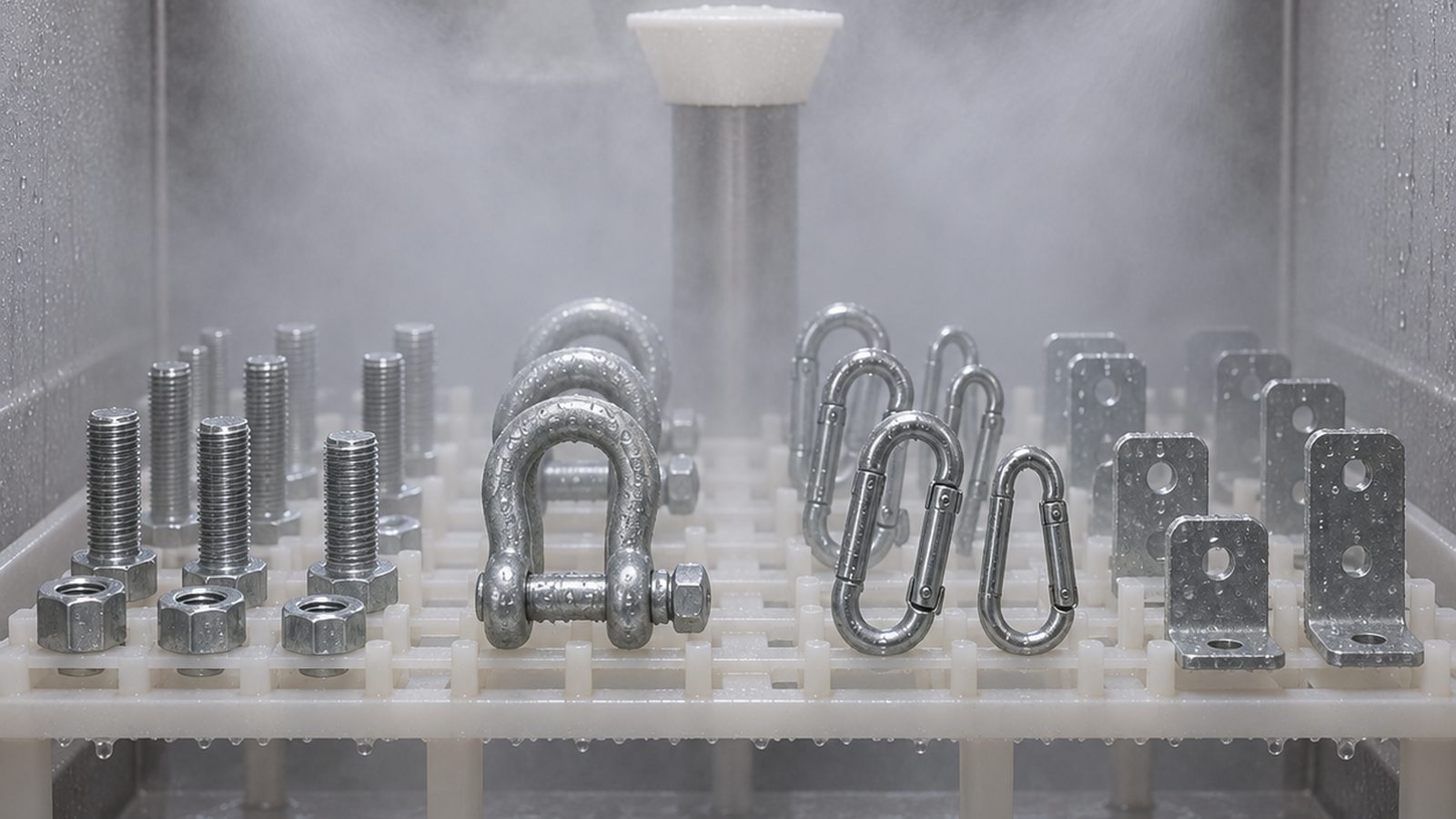 Plated steel hardware on racks inside a neutral salt spray cabinet during ISO 9227 corrosion testing
