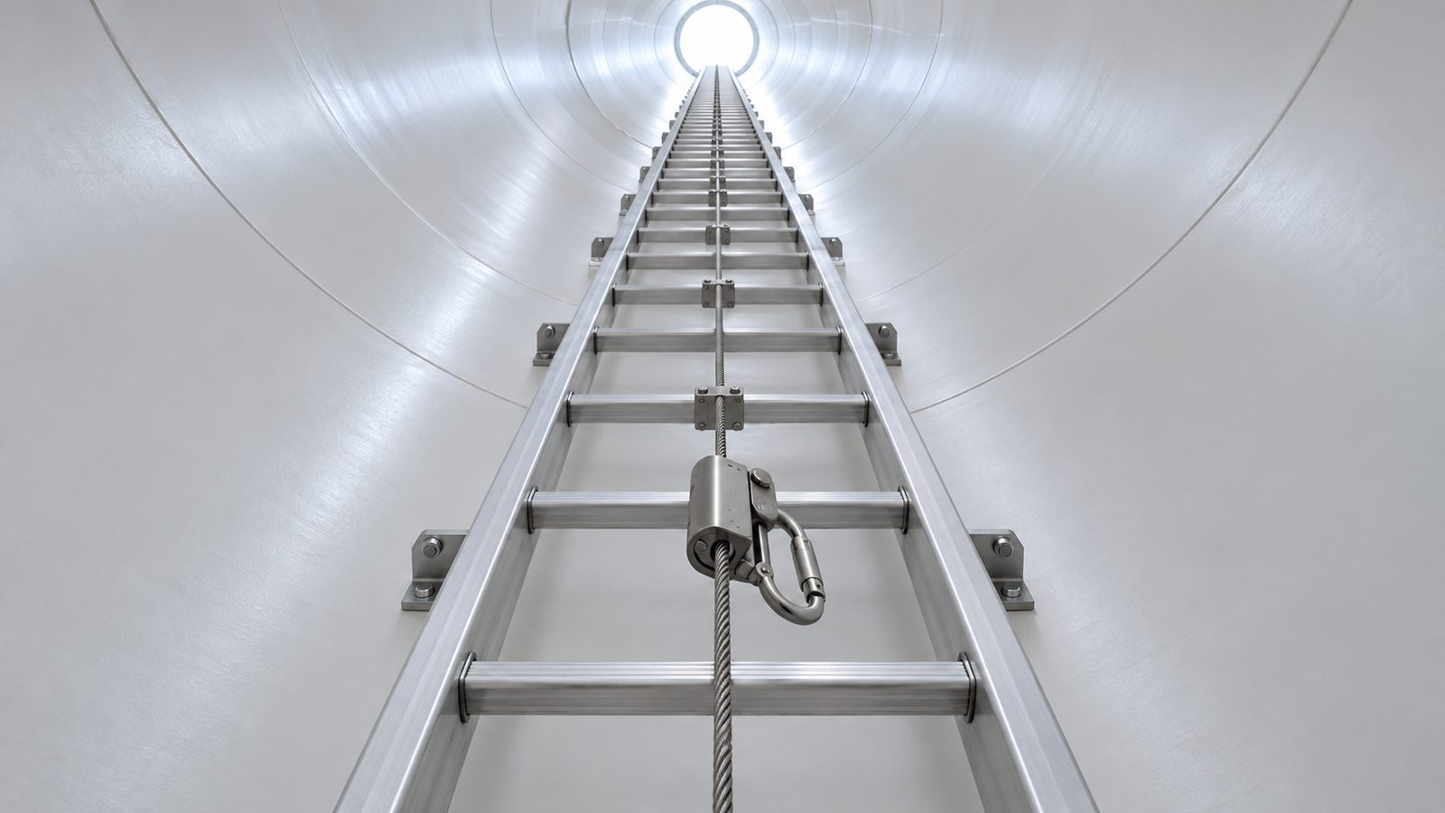 Tower ladder inside a wind turbine with a stainless wire rope anchor line and a guided type fall arrester