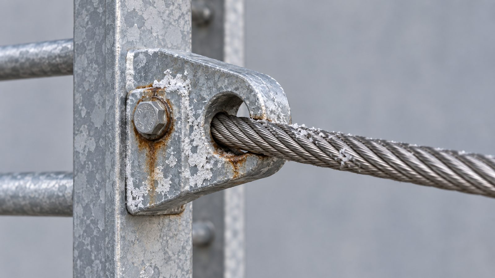 Corrosion where a stainless wire rope passes through a galvanised guide bracket on a ladder