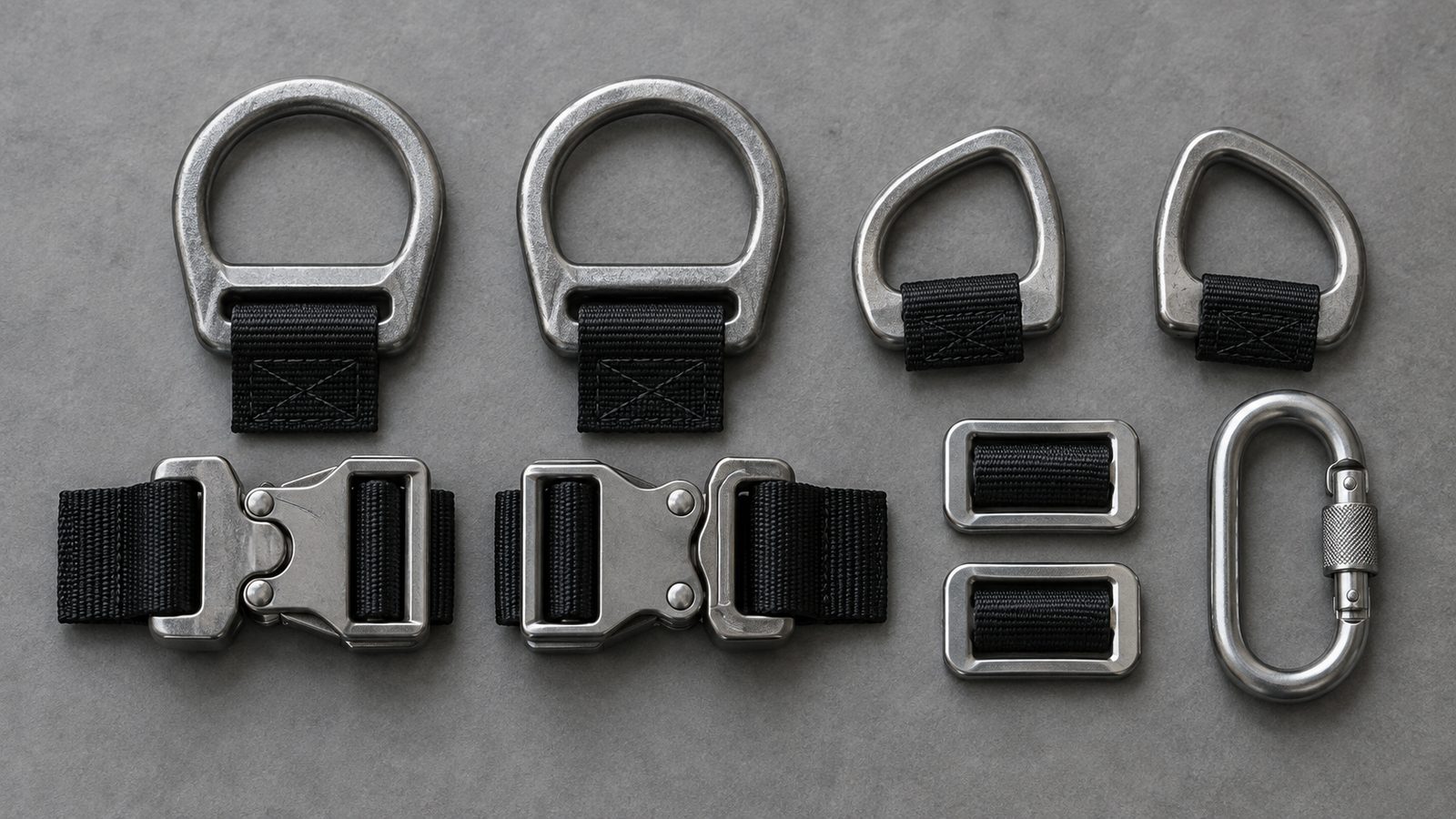 Safety harness metal hardware: D-rings, quick-connect buckles, webbing adjusters and a screw-gate connector