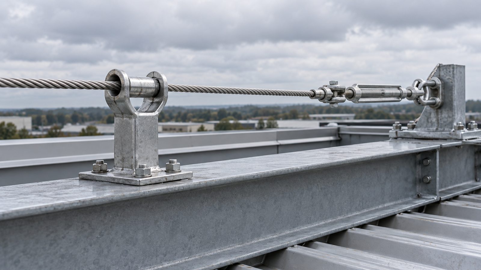 Horizontal lifeline cable tensioned between structural anchors on a roof, with turnbuckle and baseplate