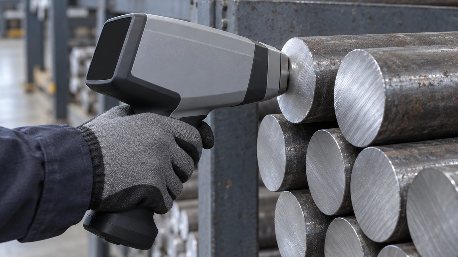 Handheld X-ray fluorescence analyser reading the alloy grade of incoming steel bar stock