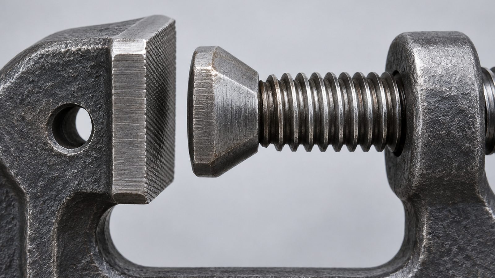 Macro view of a forged steel beam clamp jaw and its trapezoidal adjustment screw