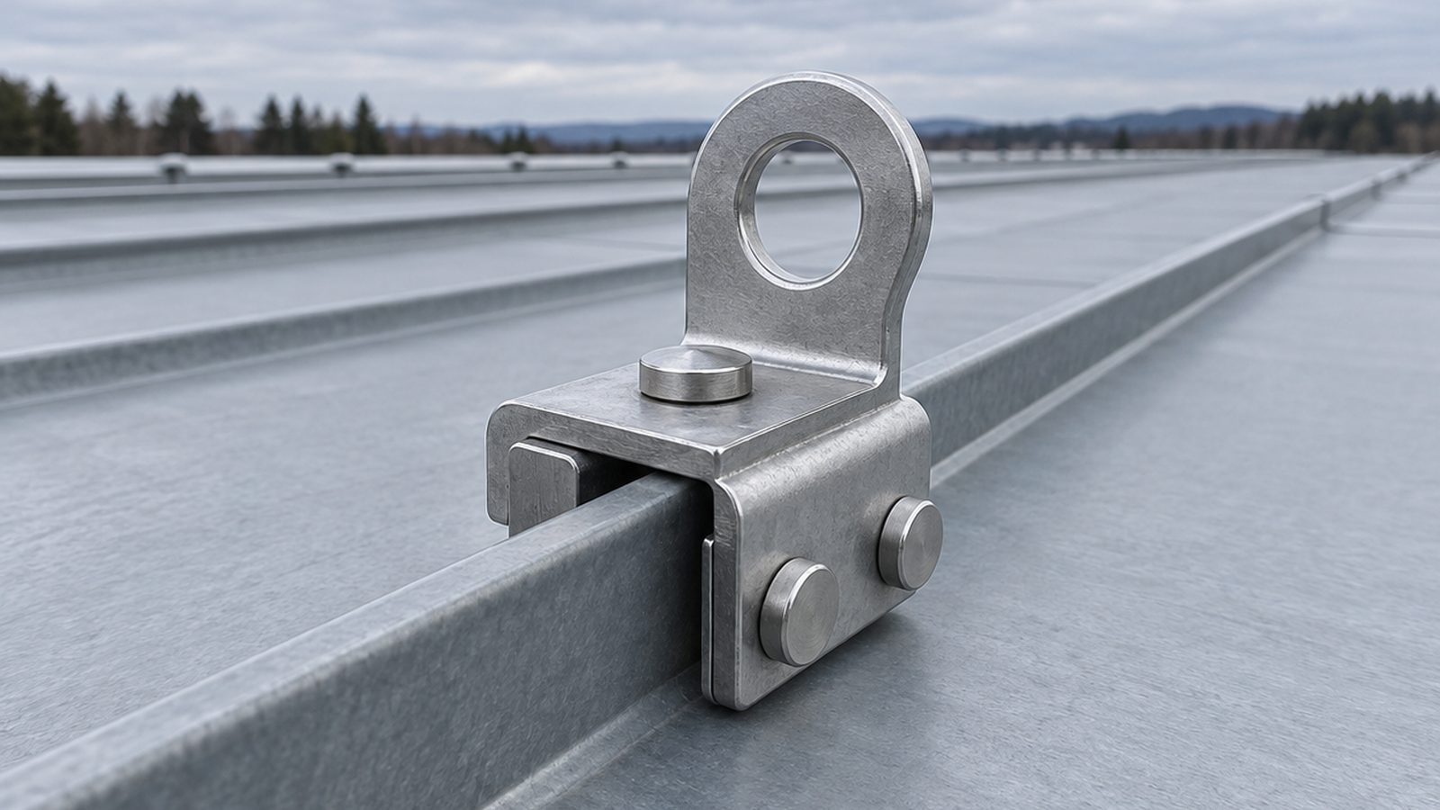 Non-penetrating roof anchor clamped to the raised seam of a standing-seam metal roof