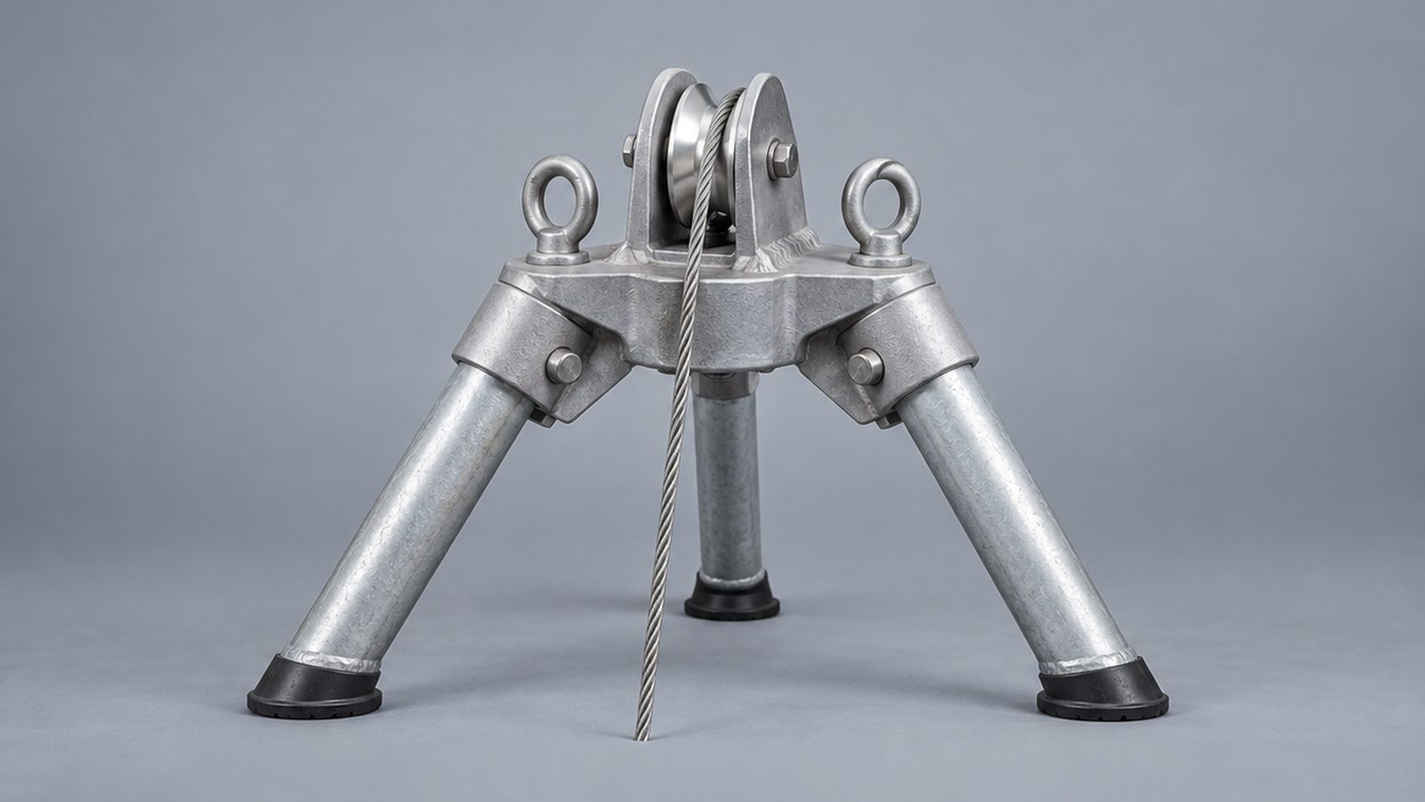 Cast aluminium tripod head with machined sheave and anchor eyes for a confined space rescue tripod