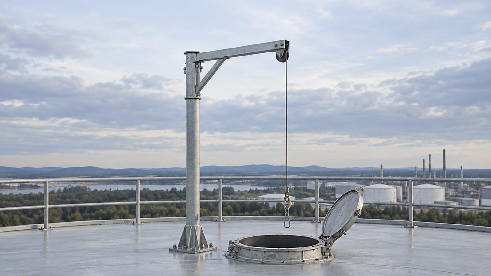 Davit arm mounted in a base socket beside a tank opening for confined space entry and retrieval