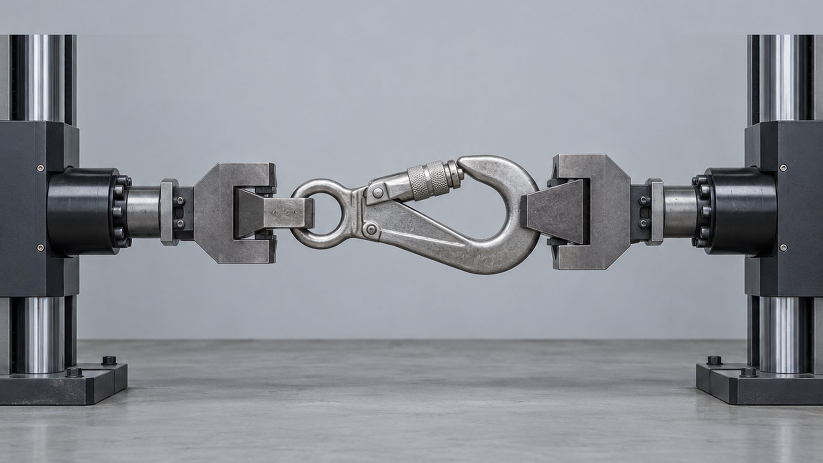 Forged steel locking snaphook mounted in a tensile test frame for major axis proof loading to ANSI Z359.12 and OSHA 1926.502 criteria