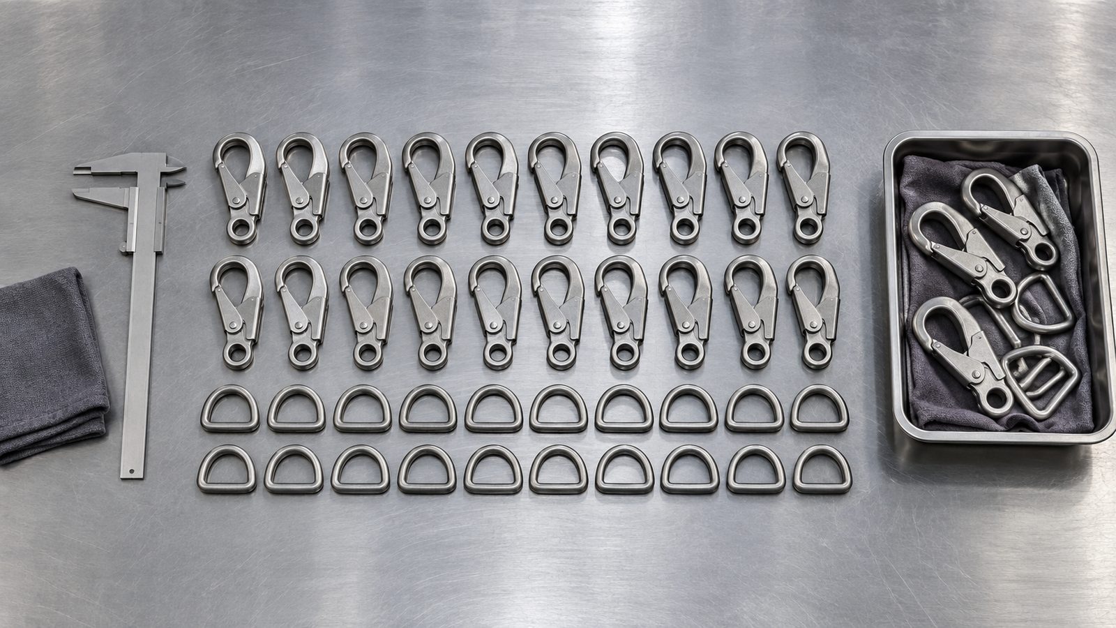 Production lot of forged steel fall protection connectors and D-rings laid out on an inspection bench with samples pulled for batch testing