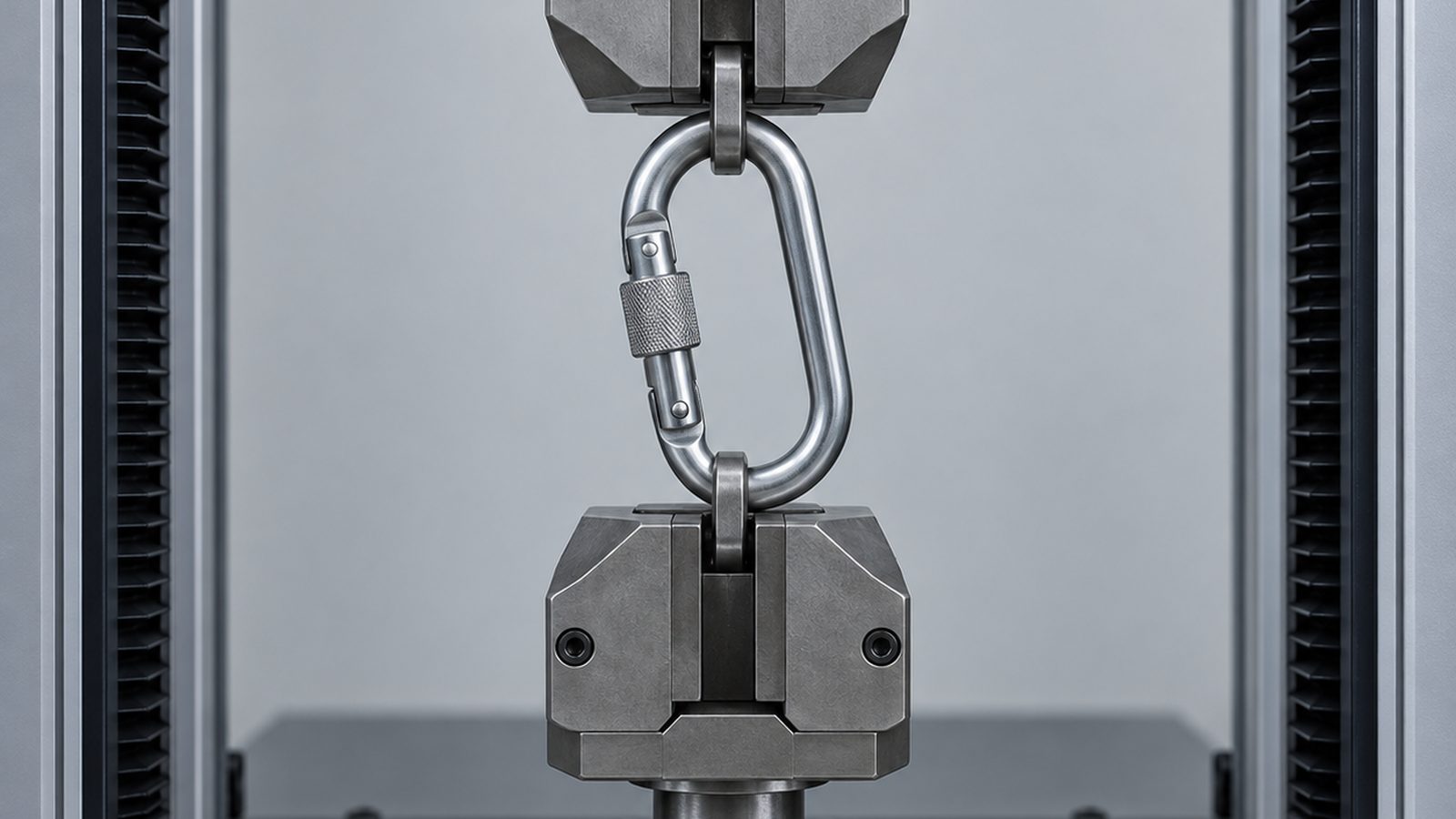 Tensile test frame gripping a metal fall-protection connector during destructive load testing