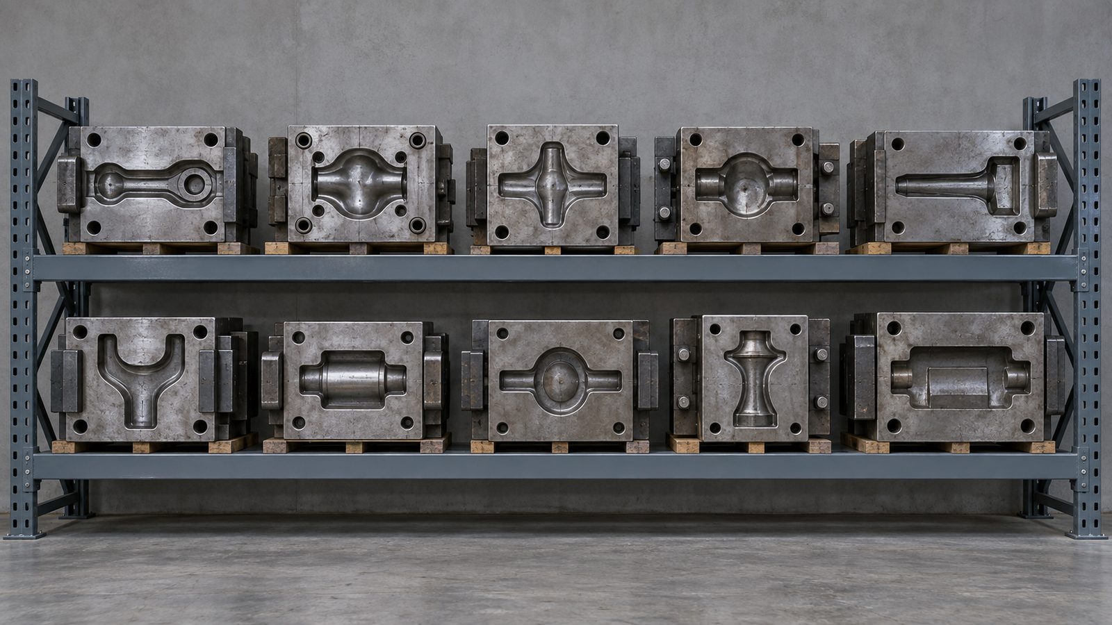 Rack of steel forging dies in a factory toolroom illustrating tooling ownership in supplier agreements