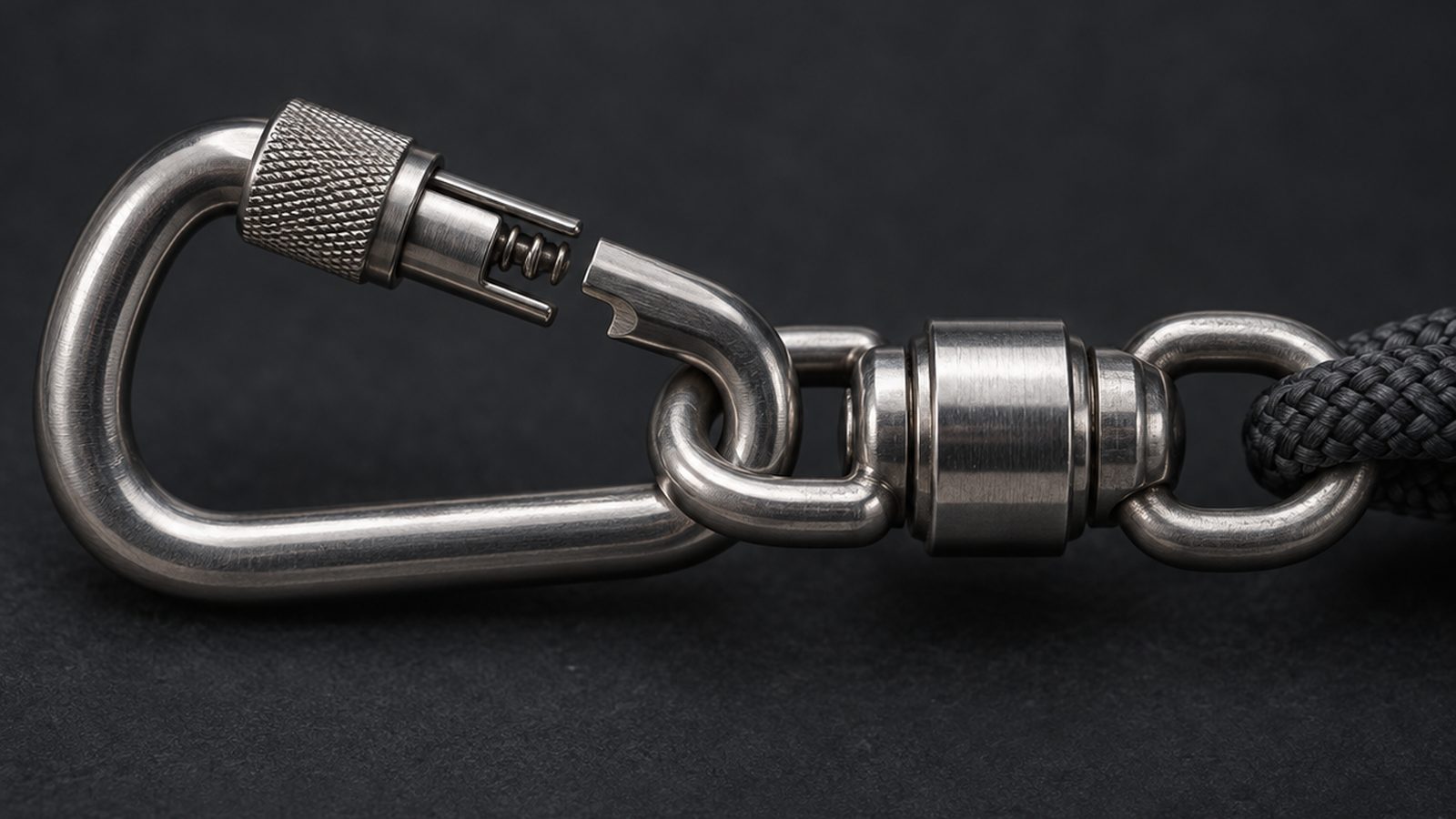 Macro of a small locking tethering carabiner with a twist-lock gate connected to a barrel swivel connector