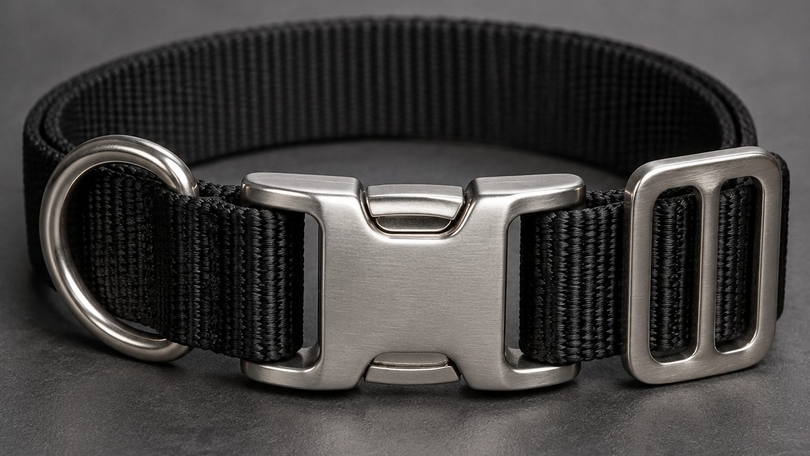 Metal hardware on a nylon dog collar: stainless steel buckle, welded D-ring and three-bar slide adjuster