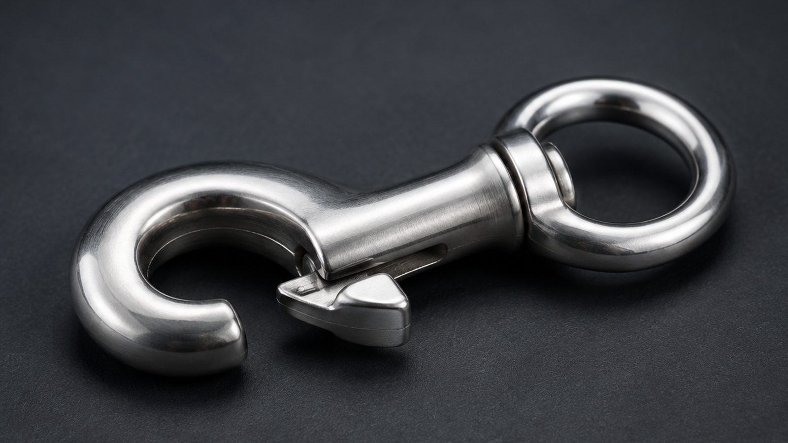 Stainless steel spring-gate snap hook with a fixed eye, a load-bearing pet hardware component