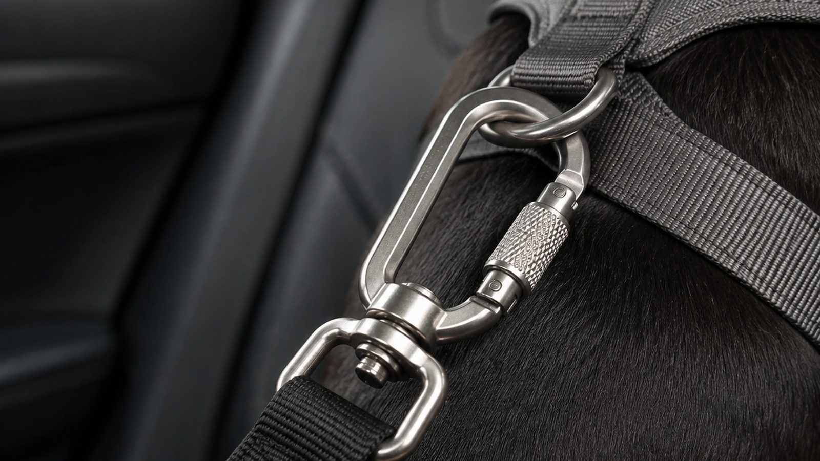 Swivel locking carabiner on a webbing tether clipped to the back ring of a dog harness in a car