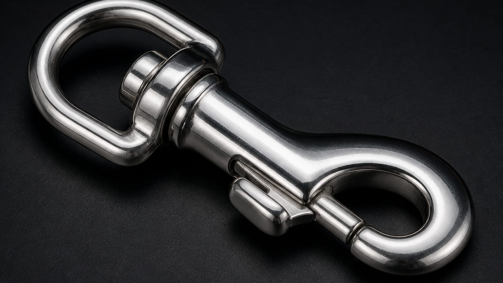 Stainless steel swivel snap hook showing the rotating barrel joint between eye and hook