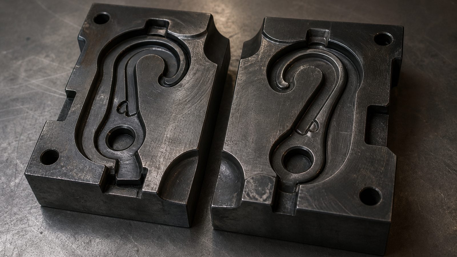 Open pair of hardened steel forging dies with the sculpted cavity for a snap hook component