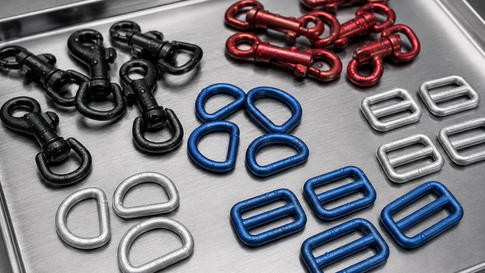 Anodised aluminium pet hardware in black, red, blue and natural silver on a production tray