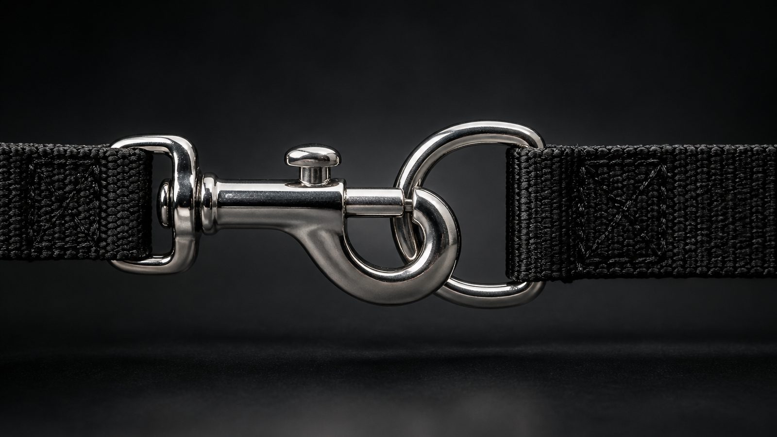 Stainless steel trigger snap hook under tension against a collar D-ring with the webbing pulled straight