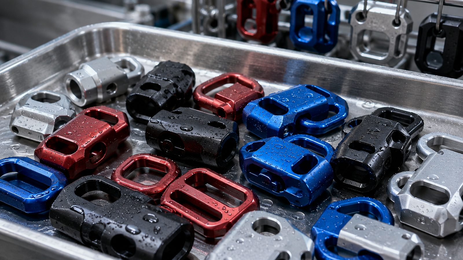 Freshly anodised aluminium hardware components in black, red, blue and natural silver in a production tray