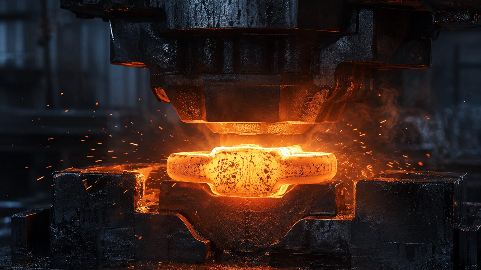 Glowing hot steel billet being formed between forging dies, the process behind load-bearing snap hooks and connectors