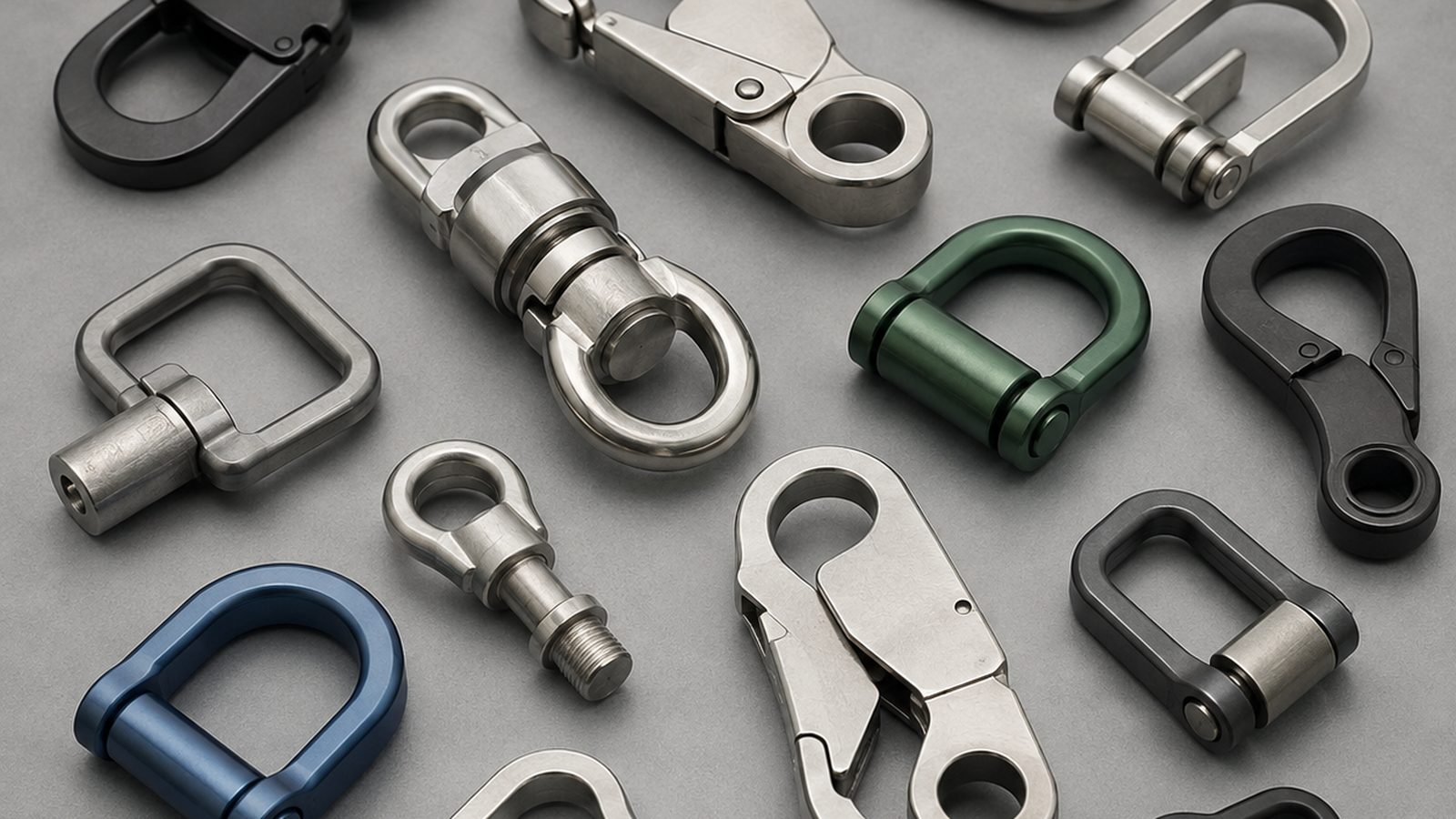Stainless steel and anodised aluminium snap hooks, swivels, D-rings and locking connectors of the kind used in pet leashes, collars and car restraints